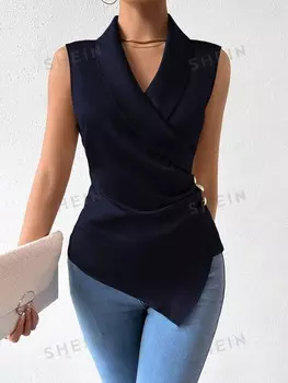 Clasi, Рубашка без рукавов из поплина, однотонный цвет, функциональный стиль Для женщин легкая одежда Shein, темно-синий