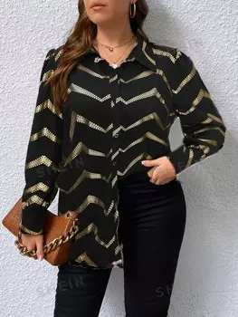 Clasi Рубашка больших размеров с длинными рукавами и ромбовидным принтом из золотой фольги, элегантная застежка на пуговицах для работы и путешествий Shein, мультиколор