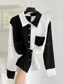 Clasi Рубашка широкого кроя больших размеров, колор-блок, длинные рукава ( ) Shein, черно-белый