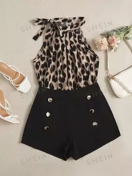 Clasi, Топ с леопардовым принтом, узел на шее и шорты, искусственные пуговицы Shein, мультиколор