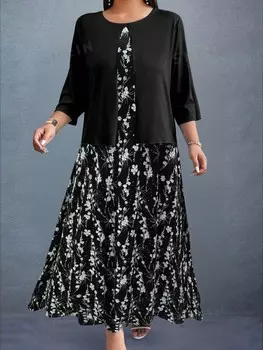 Clasi, Винтажное платье, удобное в носке, цветочный принт, круглый вырез, большой размер Shein, черный