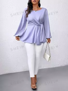 Clasi Женская однотонная рубашка больших размеров с длинными рукавами, простая, с галстуком Shein, фиолетовый