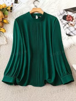 Clasi Женская рубашка больших размеров, плиссированная, с длинными рукавами, овальным вырезом Shein, темно-зеленый