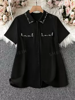 Clasi Женская рубашка больших размеров с коротким рукавом и расшитым бисером Shein, черный