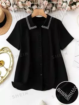 Clasi Женская рубашка больших размеров, украшенная искусственным жемчугом, воротник, короткие рукава Shein, черный