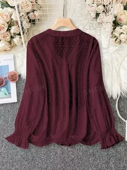 Clasi Женская рубашка больших размеров, узор «швейцарский горошек», рюши/рюши по бокам Shein, белый/бордовый