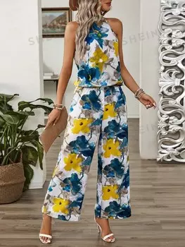 Clasi Женский комплект из топа и брюк без рукавов с произвольным принтом Shein, желтый