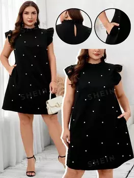 Clasi Женское черное платье больших размеров с декоративными пуговицами и карманами. Элегантное платье для повседневной носки. Уличная одежда и путешествия Shein, черный