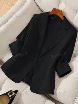 Clasi, Женское пальто, однотонное, длина рукава, простое, легкое и удобное Shein, черный