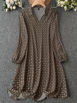 Clasi Женское платье больших размеров с квадратным узором Shein, коричневый