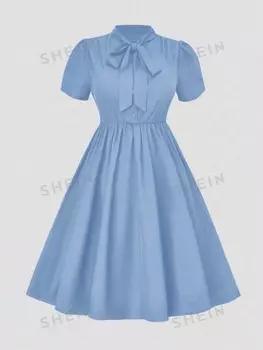 Clasi Женское платье больших размеров с пышными рукавами, завязками на шее и расклешенным подолом Shein, синий