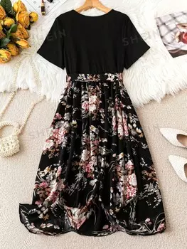 Clasi Женское платье больших размеров с цветочным узором и коротким рукавом Shein, черный
