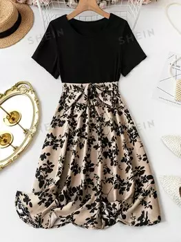 Clasi Женское платье больших размеров, короткие рукава, выкройка, выкройка ткани Shein, мультиколор