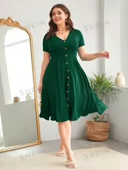 Clasi Женское платье больших размеров, пуговицы спереди, v-образный вырез, затянутая талия Shein, темно-зеленый