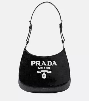 Cleo Маленькая сумка через плечо с пайетками Prada, Nero+Bianco