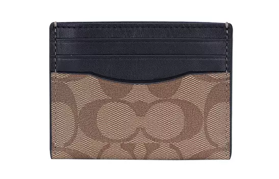 COACH Чехол для карт из пропитанного холста с кожаным держателем для карт, мужской кошелек с монограммой цвета хаки, черный с бежевым