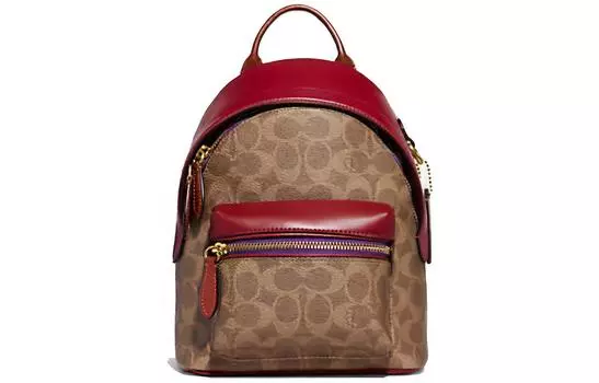 COACH Холщовый рюкзак Charter с кожаным ремешком, женский, коричневый и красный