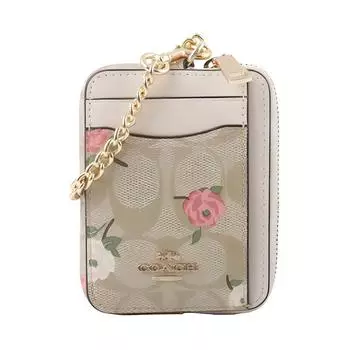 COACH Картхолдер с покрытием из холста и гладкой кожаной застежкой-молнией, мини-держатель для карт для женщин, золотистый и светло-хаки меловой