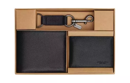COACH Кошелек 3 в 1 из гладкой телячьей кожи, подарочный набор, мужские кошельки мини, черный цвет