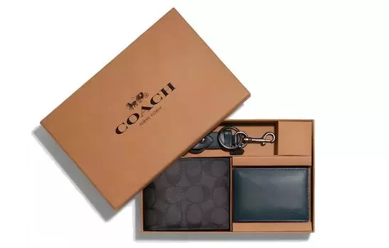 COACH Кошелек 3 в 1. Прорезиненный холст с держателем для карт из телячьей кожи. Мужской кошелек черного/яшмового цвета