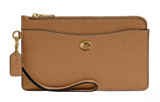 COACH Кошелек-держатель для карт из глянцевой шагреневой кожи, маленький размер, женский, верблюжье-коричневый
