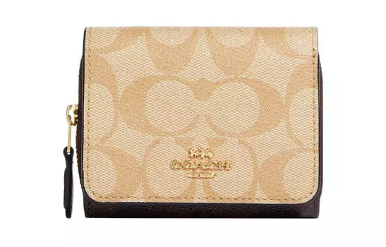 COACH Кошелек-держатель для карт из ткани с покрытием и гладкими кожаными деталями, женский, небольшого размера, светло-хаки и коричневого цвета