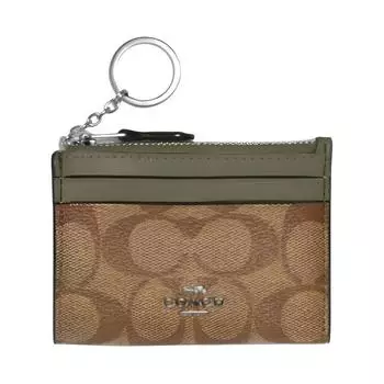 COACH Кошелек Mini Id Skinny Leather Patchwork With PVC Key Pouch Card Holder Mini Unisex Olive Green & Brown Monogram