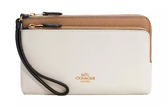 COACH Кошелек на запястье из зернистой кожи с двойной молнией, женский, цвета молочного чая и белого