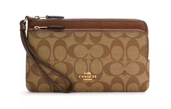 COACH Кошелек с двойной молнией, кожаный держатель для карт, клатч, женский, среднего размера, коричневый