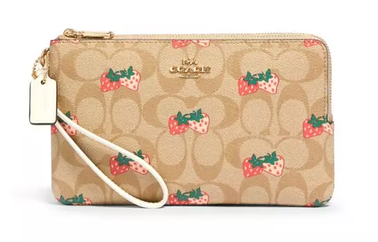 COACH Кошелек с двойной молнией, покрытый холстом с гладкой кожей, женский, светло-хаки