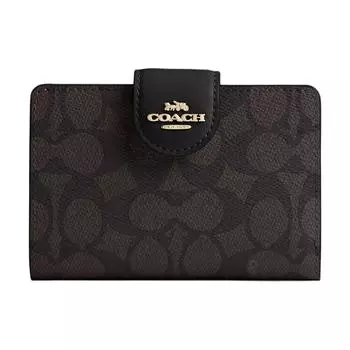 COACH Кошелек SignatureCanvas из высококачественной кожи среднего размера для женщин из орехового дерева с черными вставками