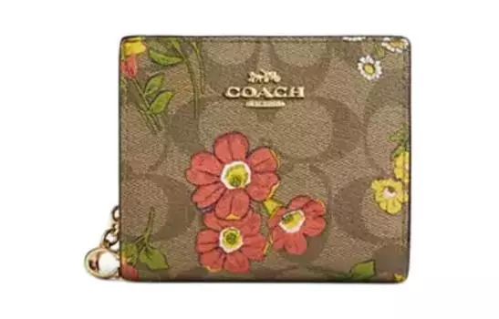 COACH Кошелек Snap Wallet Iconic из ткани с покрытием и гладкой кожей, женский, мини, цвета: золотой, хаки и разноцветный