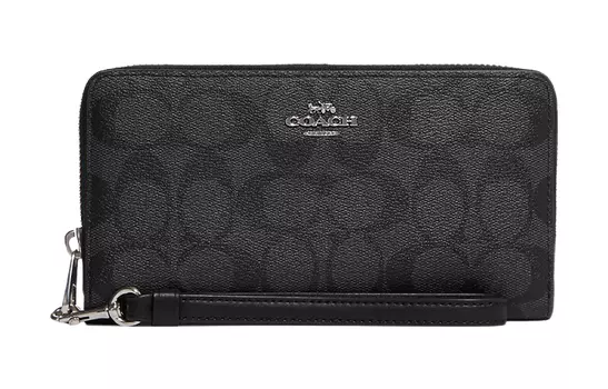 COACH Кошелек женский, черный, с кожаным держателем для карт, с застежкой-молнией и покрытием из холста