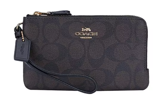COACH Мини-сумка-клатч из кожи с угловой молнией и монограммой, женская, черно-коричневая