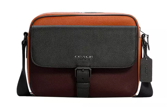 COACH Мужская кожаная сумка-мессенджер Hudson для фотоаппарата, через плечо, бордового и рыжевато-желтого цвета, среднего размера