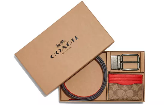 COACH Мужская сумка-кошелек из холщовой ткани с покрытием и визитницей из телячьей кожи цвета хаки, оранжевый, красный