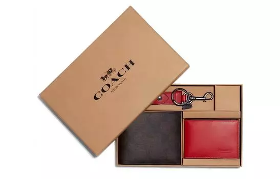 COACH Мужской кошелек для карт из коровьей кожи, коричневый/красный