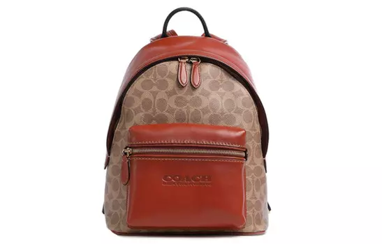 COACH Рюкзак Charter Canvas с кожей, женский, среднего размера, красно-коричневый и хаки