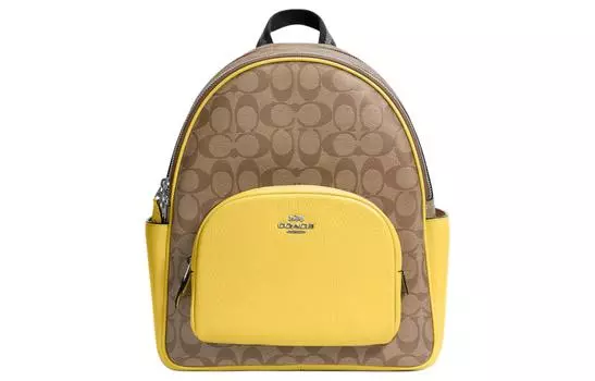 COACH Рюкзак Court Canvas с изысканной шагреневой кожей, средний размер, женский, серебристый, хаки и винтажный желтый
