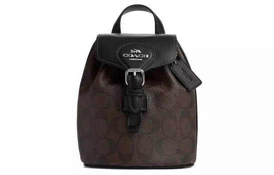 COACH Рюкзак из холста с гладкой кожей, женский, небольшого размера, черно-коричневый, с монограммой