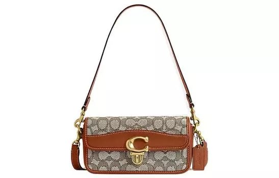 COACH Сумка-багет из коровьей кожи с текстилем, женская, коричневого и серого цветов