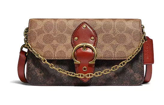 COACH Сумка Beat Canvas с кожаной цепочкой, портативная сумка через плечо, женская сумка через плечо, бежевого цвета