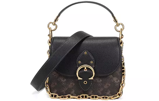 COACH Сумка Beat Leather Square Bag, портативная сумка через плечо, женская, небольшого размера, цвет трюфель, черный
