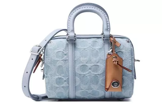 COACH Сумка-бостон из рубиновой ткани с коровьей кожей, сумка через плечо, женская, синего цвета, небольшого размера