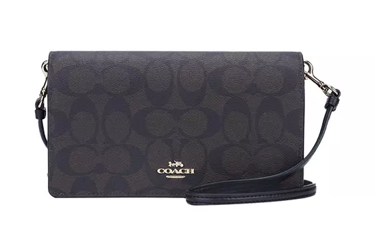 COACH Сумка через плечо Anna Canvas с кожаным клапаном, небольшого размера, женская, темно-коричневого цвета, с монограммой