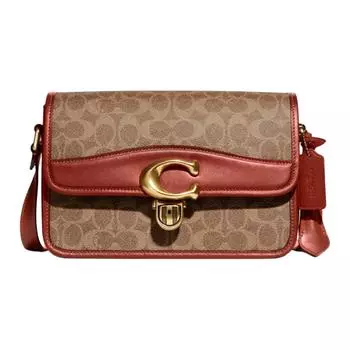COACH Сумка через плечо из холщовой ткани с кожей, большая женская, коричневого и красного цвета