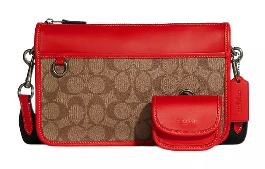 COACH Сумка через плечо из коровьей кожи Heritage, среднего размера, мужская, коричневого и красного цвета