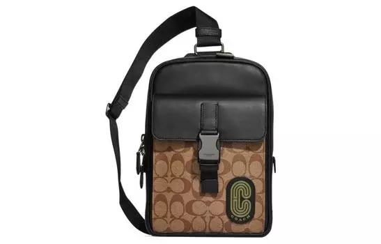 COACH Сумка через плечо из парусины с покрытием из гладкой коровьей кожи, мужская сумка-слинг Trumpets коричневого цвета с монограммой и армейского зеленого цвета