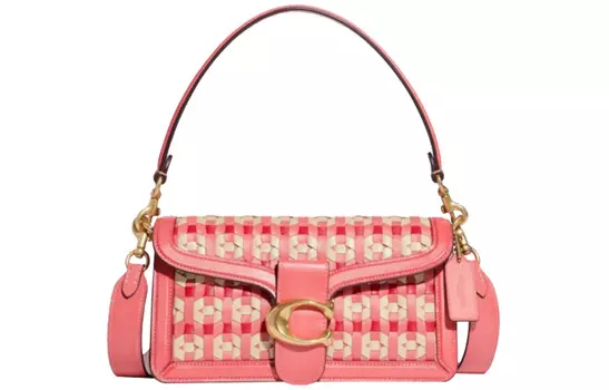 COACH Сумка через плечо из полосатой кожи среднего размера для женщин, ярко-кораллового цвета