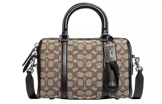 COACH Сумка через плечо из рубиновой жаккардовой ткани с коровьей кожей, среднего размера, женская, светло-коричневого и черного цвета